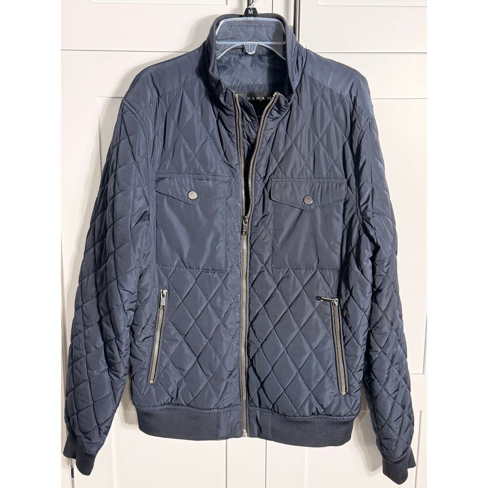 Zara Man Quilted Bomber Jacket Gray Zip Up Size Medium Lightweight